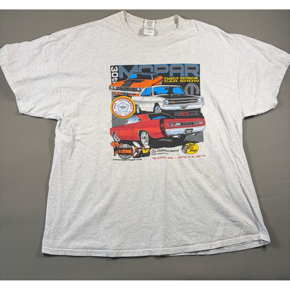 Gildan Mopar Family Reunion Car Show T-Shirt Mens 2XL Gray 2014 Olathe KS Tee